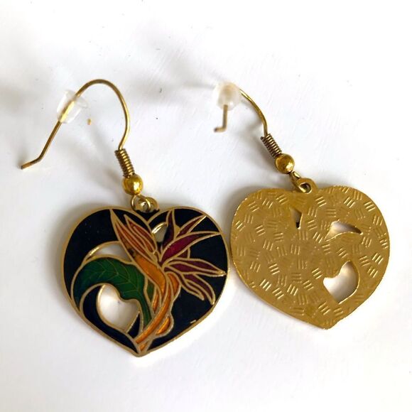Cloisonné Tropical Flower Heart Shaped Vintage Pierced Earrings - Picture 10 of 14